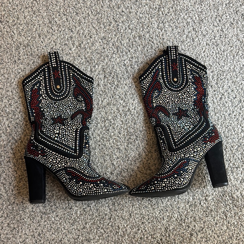 Embellished Black and Red Western Boots